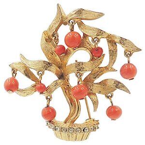 Vintage 1960s Signed Pauline Rader Goldtone Faux-Coral Beaded Tree Pin